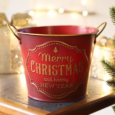 Tin Pail Planter 15cm Metal Christmas New Year Red Plant Pot Gold Decor 