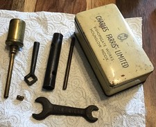 Old Vintage Tecalemit Brass Cycle Motor Cycle Gun Oiler + Spanner’s In Old Tin 