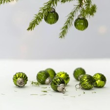 Green Glass Mini Baubles x10, Small Ribbed Xmas Tree Decorations