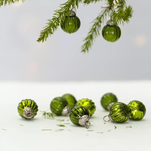 Green glass mini - baubles, x10
