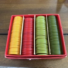 VINTAGE Bakelite GAMING COUNTERS POKER CHIPS Cardboard Box Red Yellow  Green x 2