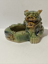 Vintage Collectable Ceramic Chinese Fu Foo Dog Ashtray Green & Brown 15 X 21 Cms