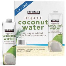 Kirkland Signature Organic Coconut Water Palm Tree No Sugar Carton Pack 9x1Litre