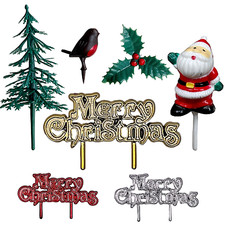5pc Christmas Cake Topper Decoration Set Holly Tree Robin Santa Snowman Yule Log