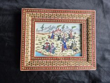 Vintage Traditional Persian Painting In Khatam Frame Of Horsemen Playing Chovgan