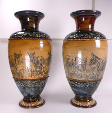 FINE PAIR OF DOULTON LAMBETH HANNAH BARLOW VASES DECORATED WITH CATTLE & DONKEYS