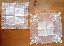 2 x Vintage White Floral Lace and Crochet Handkerchief Hankies Hanky