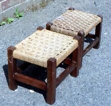 Near Pair Edwardian antique Arts & Crafts rustic oak seagrass footstools stools 
