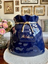 Vintage Big Ceramic Potatoe Canister Storage Container Cobalt Blue Golden Rim