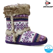 Ladies Memory Foam Slippers Dunlop Boots Ankle Fairisle Winter Warm Fur Booties