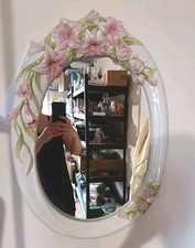 French Porcelain Framed Oval Wall Mirror With 3D Pink Flowers 60cm x 44cm