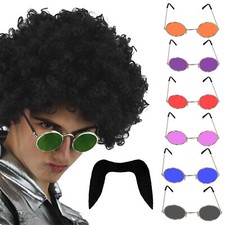 MENS 70S BLACK AFRO WIG MOUSTACHE AND HIPPY GLASSES FANCY DRESS COSTUME KIT