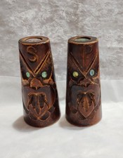 Tiki New Zealand Maori Hand Carved Wood Salt And Pepper Shakers Paua Shell Inlay