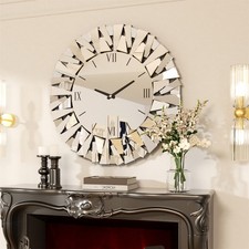 Unique Glass Mirror Clock Large Robust Silver Glass Clock for Bedroom Fireplaces