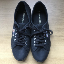 Women’s Superga Flatform Trainers Black Canvas Lace Up Sneakers Logo Casual UK 8