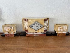 Vintage French Art Deco Marble Mantel Clock Diamond Dial With Garnitures 1943