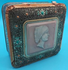 Square Vintage Ornate Tin Sewing Box Container with Hinged lid  Made In Holland 