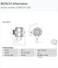 BOSCH 0 986 041 920 Alternator14V, 90A, B1+(M8), L, DFM, PL61, excl. vac. (XX21)