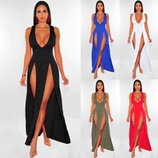 SEXY Women Summer Deep V Long Maxi Double High Split Party Bodycon Dress Dresses