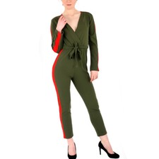 Womens Ladies All in One v Neck Full Sleeve Side Stripe Belted Jumpsuit Playsuit