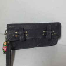 OUSHKA Soft Leather Purse Wallet Wristlet Cute Hobo Slouchy Logo Black Bag Charm