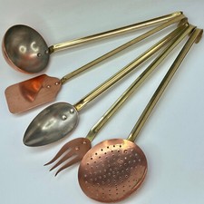 Vintage French Traditional Kitchen Copper Cooking Utensils With Brass Handles