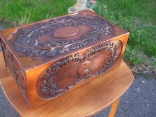 Antique Arts & Crafts carved oak writing slope box, thistles and eagle