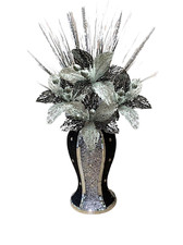 BLACK SILVER VASE WITH FLOWERS MOSAIC CRUSHED CRYSTAL ROMANY BLING 30cms