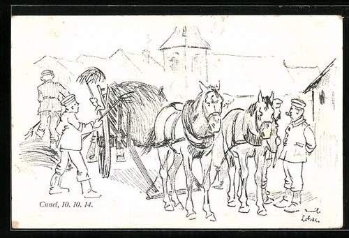 Soldiers with horse drawn - with, a