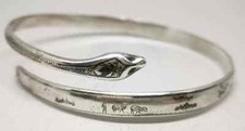 Vtg Art Deco 925 Silver Niello Etch Egyptian Revival Coiled Snake Slave Bracelet