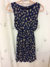 Tenki - Ladies Navy With Taupe Owl Detail Sleeveless Fully Lined Dress Size M