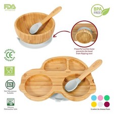 Vinsani Bamboo Car Plate Bowl & Spoon Set Suction Bowl Stay-Put Design for Kids