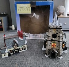 Vintage Christmas Light Up Village Church & Holly Cottage Xmas Decorations VGC