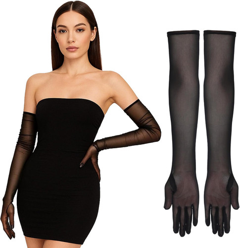 Long black sheer gloves - black, lace