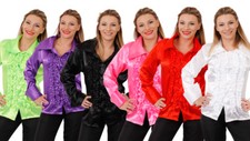 WOMENS 60s 70s DISCO RUFFLE SHIRTS ADULTS FANCY DRESS COSTUME FRILLY TOP