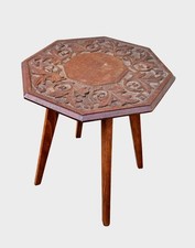 Small Oak Arts And Crafts Carved Top Lamp Or Occasional Octagonal Table