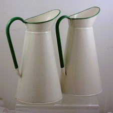 Vintage large enamel jug- cream & green -  32.5 cm tall - 18cm base diameter