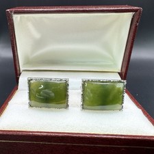 Vtg Nephrite Jade Silver Tone