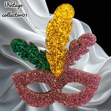 Modern Arcrylic Handmade BROOCH 2D Glitter Masquerade MASK Feathers Kitsch BN
