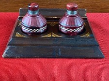 Antique Wooden Pen Rest Desk Inkwell Stand & Leather Bound Glass Ink Bottles