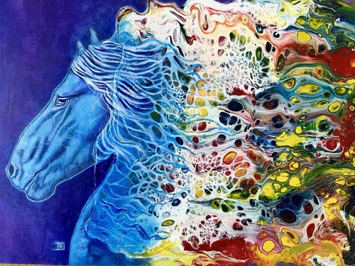 Blue horse acrylic pour - &,