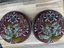 Victorian Round Circular Wood Floral Needlepoint Tapestry Padded Footstool