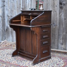 Antique Edwardian Harris Lebus Oak Tambour Roll Top Desk Bank of Drawers Bureau