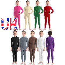 UK Girls Boys Long Sleeve Dance Gymnastic Leotard Unitard Solid Bodysuit Catsuit