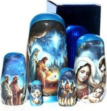 Beautiful Handmade Christmas Nativity Russian Nesting Doll, 5 Pc with Gift Box