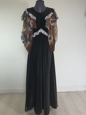 Vintage 70s Gina Fratini Long Dark Green Cotton Velvet & Silk Maxi Dress 8 10