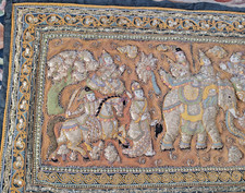 Vintage early 20th C Burmese Kalaga stumpwork tapestry elephants & people 60"