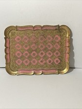 Vintage Pretty Italian Florentine Wooden Hand Painted Tray Pink & Gold 31 x 24cm