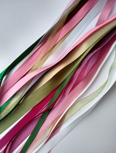 Pink green ivory ribbon bundle - pink,