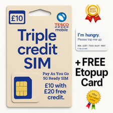 1 x Tesco Triple Credit SIM Pay As You Go SIM Card + FREE eTopup Card lot